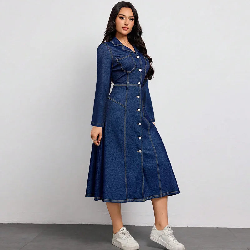 High-End Youthful Women's Denim Dress Waist-Cinching Thin Long-Sleeved Fashion Autumn - Colouronova