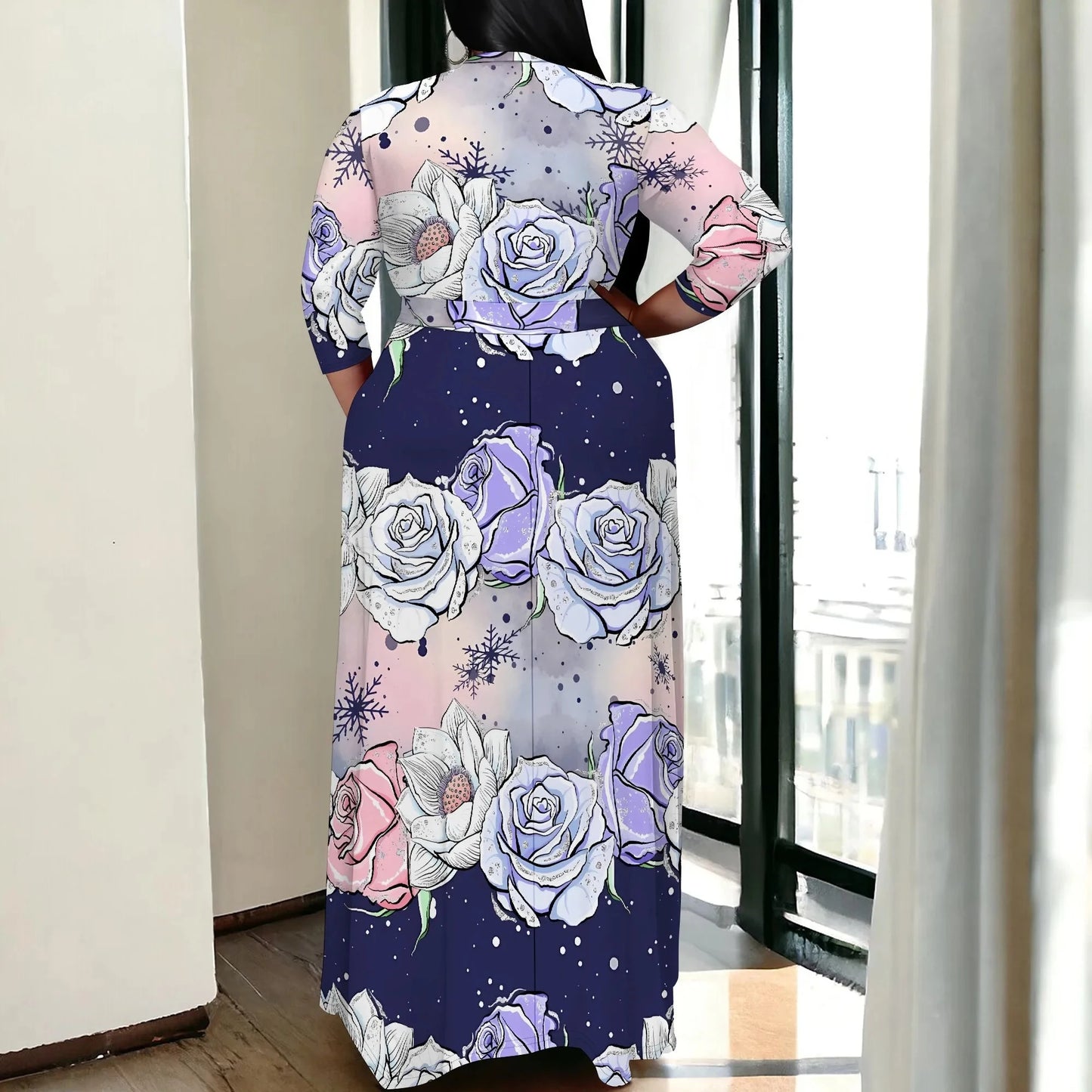 Plus Size Snowflake Floral Print Maxi Dress 3/4 Sleeve V Neck Winter Holiday Elegant Belted Dress Colouronova