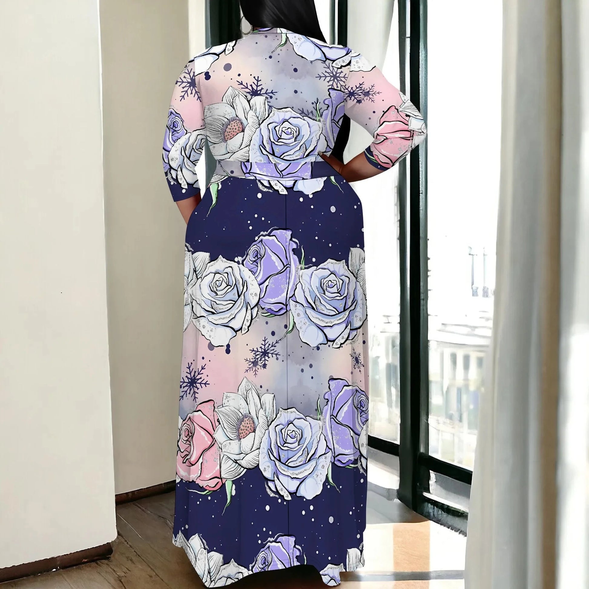 Plus Size Snowflake Floral Print Maxi Dress 3/4 Sleeve V Neck Winter Holiday Elegant Belted Dress Colouronova
