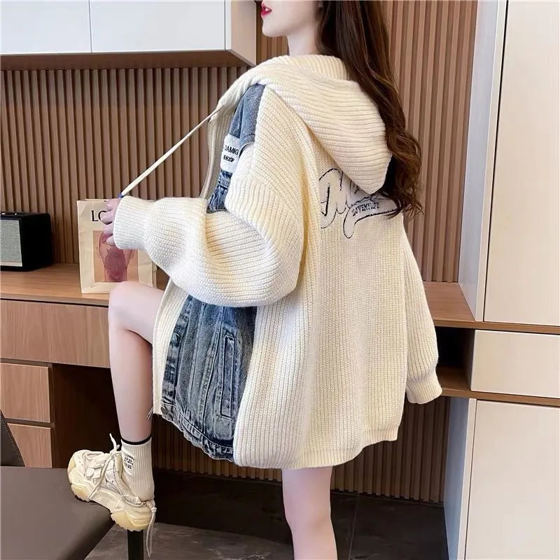 2025 New Autumn Winter Fashion Hooded Denim Patchwork Sweater Knitted Cardigan Coat Women Loose Fake Two Pieces Outerwear W646 - Colouronova