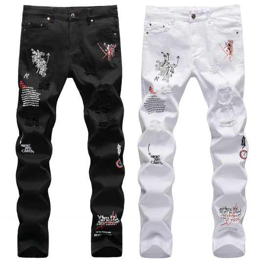 Slim-fit Ripped Embroidery Denim Jeans Colouronova