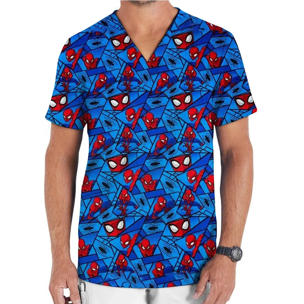 Medical Uniform Men's Nurse Marvel Superhero Matte V-neck Short sleeved Shirt Hospital Top Surgical Dress Men's Dentist T-shirt Colouronova