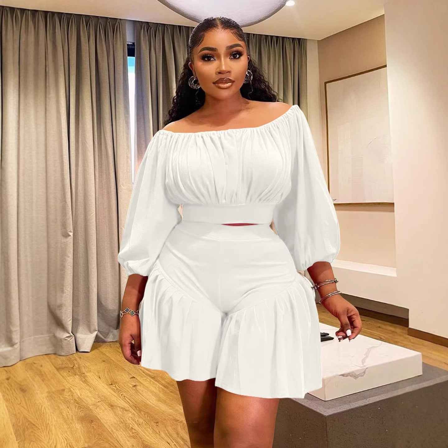 Plus-Size Off-Shoulder Pleated Women's Set