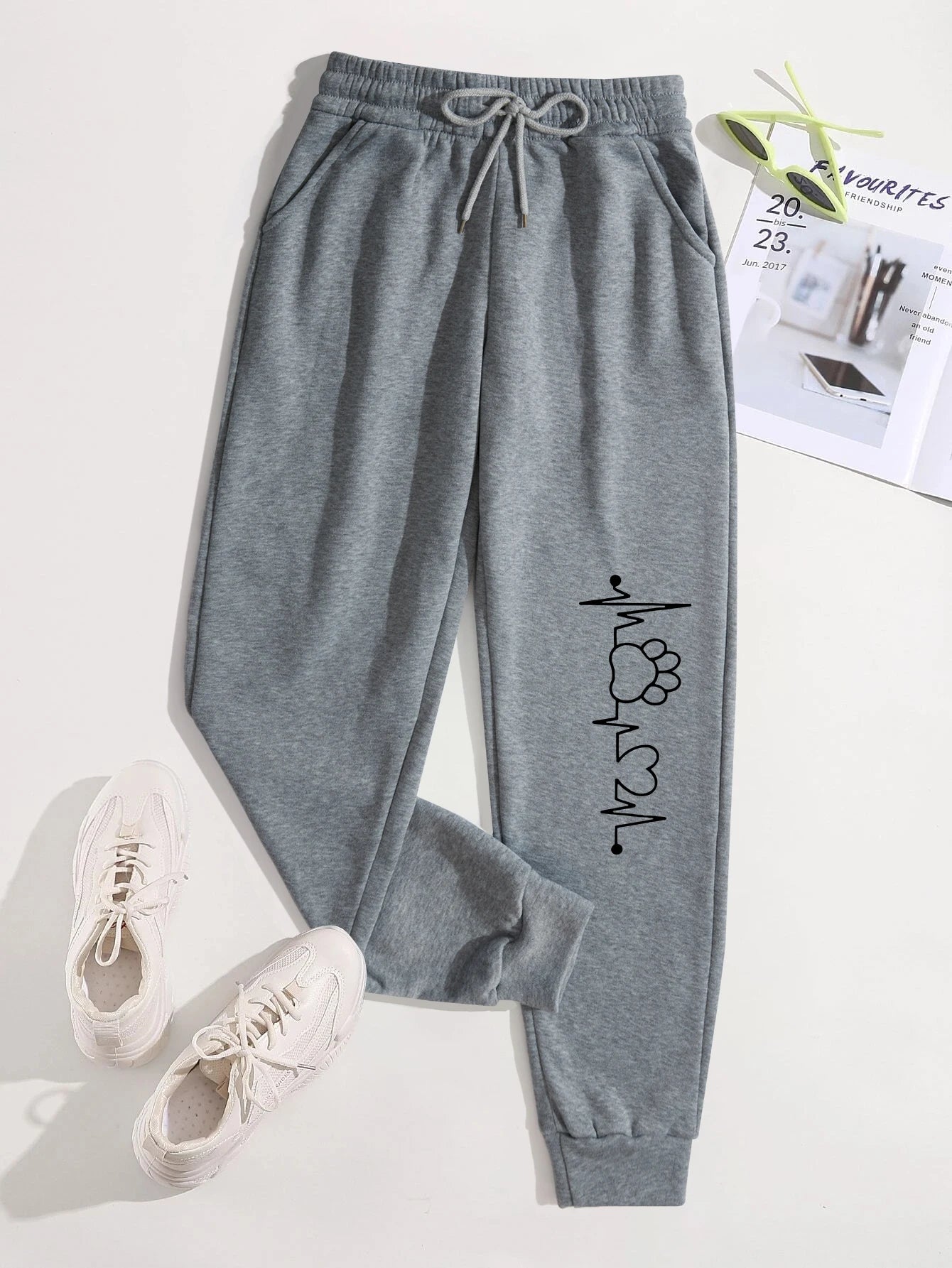 Creative Heartbeat Dog Claw Print Pants Womens Jogger Sportpants Fleece Drawstring Long Pant Fashion Street Female Sweatpants - Colouronova