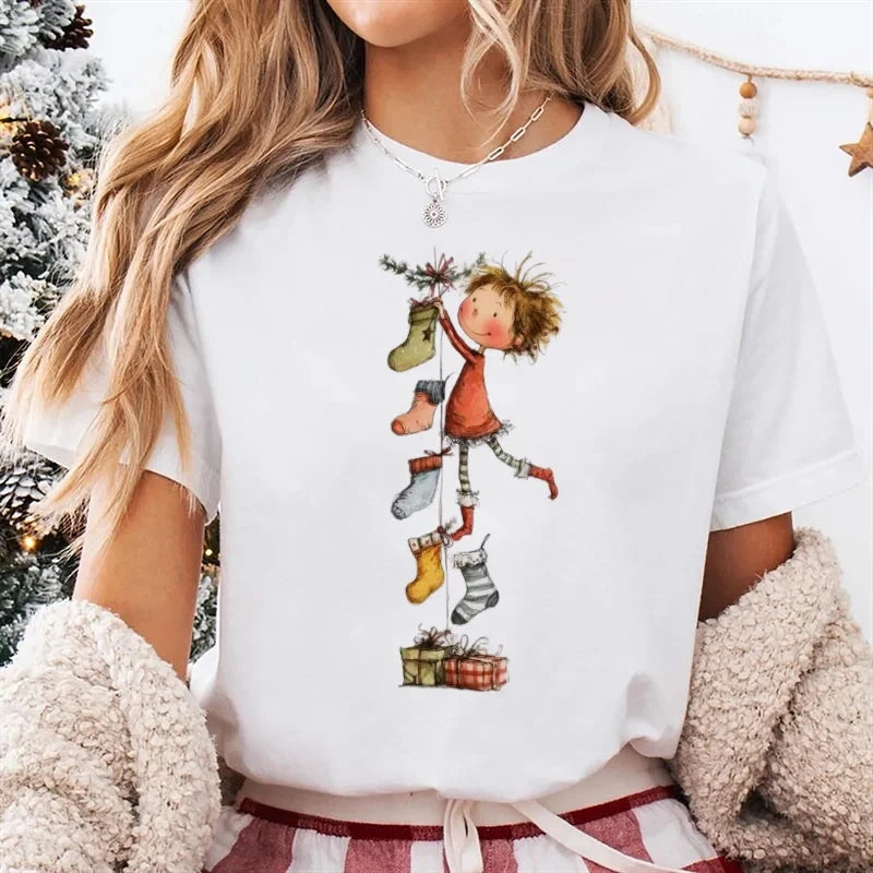 T-Shirt Women's Christmas Socks Christmas Gift Cartoon Street Round Neck Top Women's Casual Harajuku Fashion New Year T-Shirt Colouronova