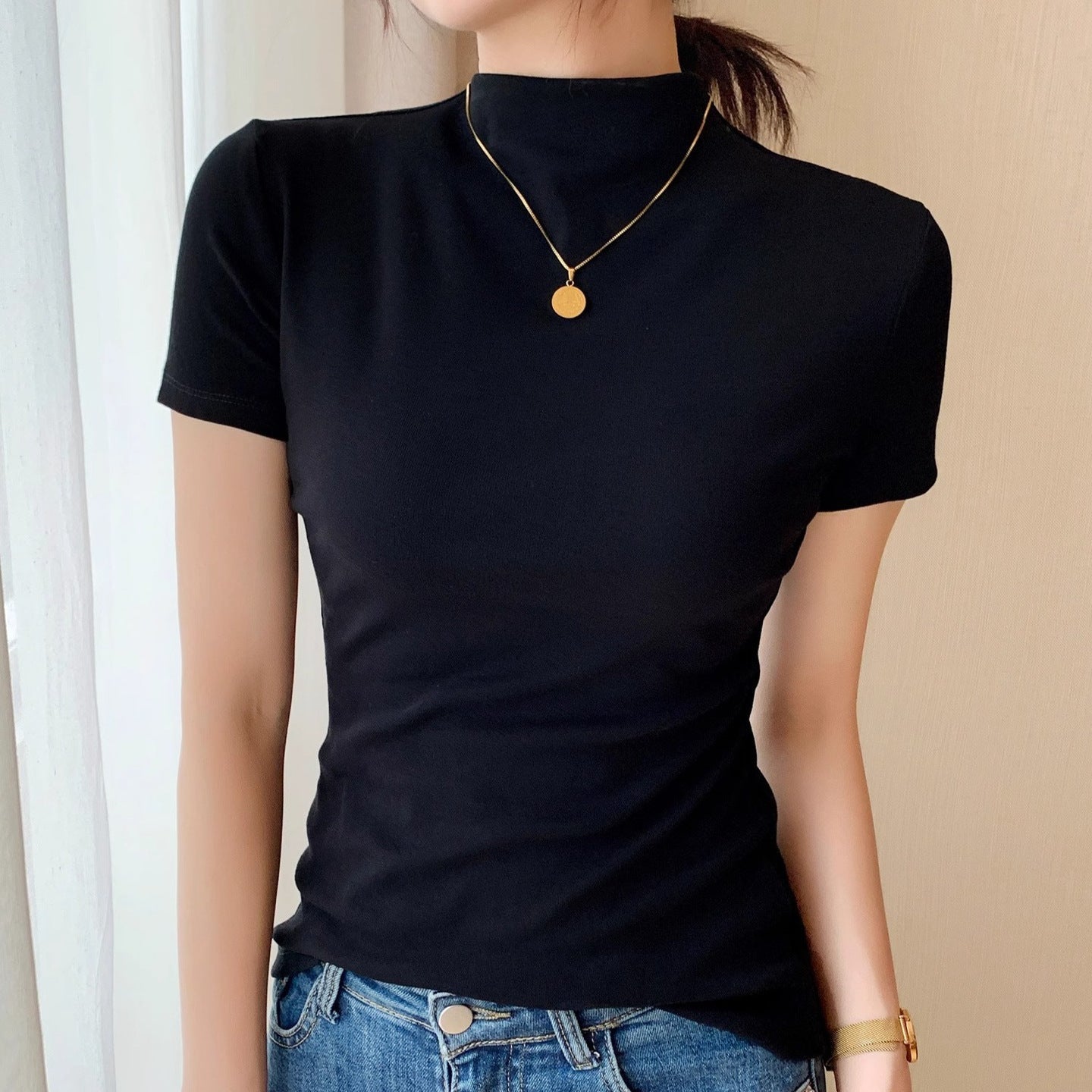 Women's Half Turtleneck Short-Sleeve Cotton Shirt Colouronova
