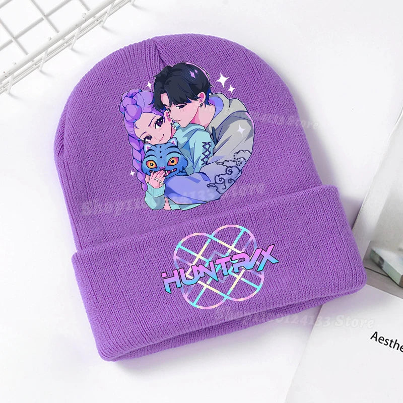 Demone Hunter Kids Knitted Hat Cute Anime Print Girl Beanie Cap Headgear Outdoor Street Warm Knit Cap Y2K Kawaii Game Party Gift - Colouronova