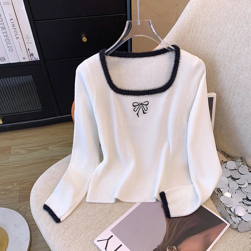 Women's Knitted Long Sleeves Winter Office Soft Touch Stretch Pullover Casual Soild Color Square Neck Slimfit Tops - Colouronova