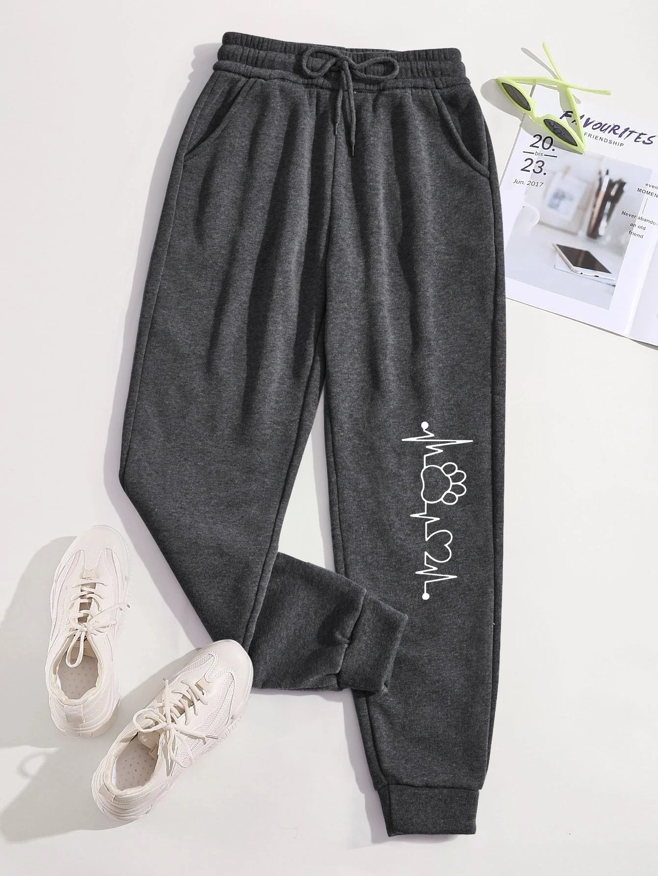 Creative Heartbeat Dog Claw Print Pants Womens Jogger Sportpants Fleece Drawstring Long Pant Fashion Street Female Sweatpants - Colouronova