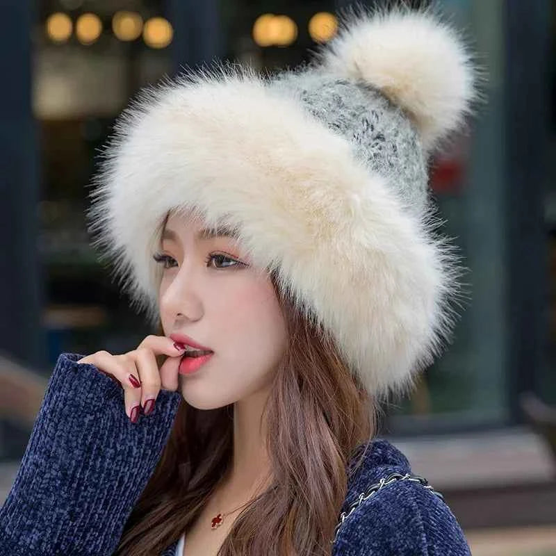 Women Winter Pom Pom Hat Fashion Knitted Beanie Thick Fleece Lined Warm Russian Style Fur Skullies Cap Elegant Cold Weather Hat