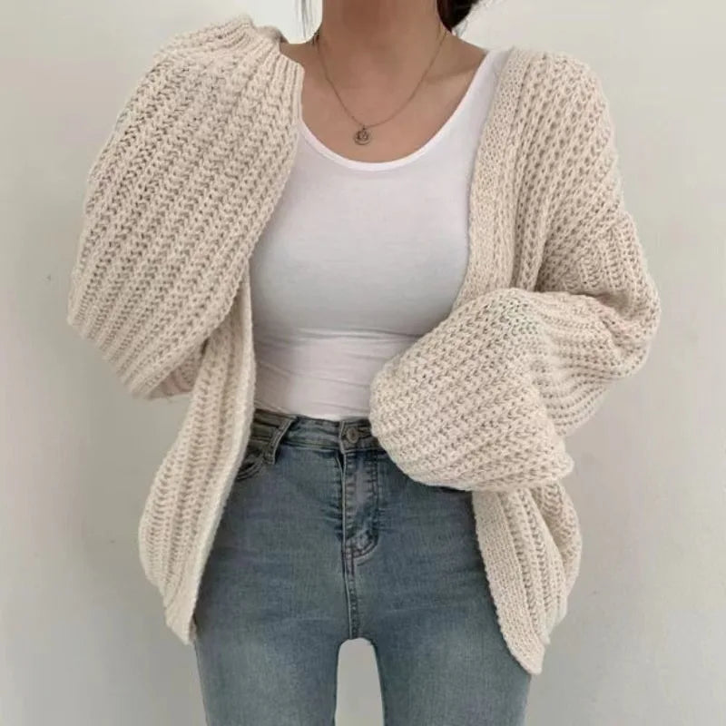 Women Sweaters V Neck Lantern Sleeve Cardigan Jumpers Knit Open Stitch Regular Solid Spliced Casual Simple Autumn 2025 - Colouronova