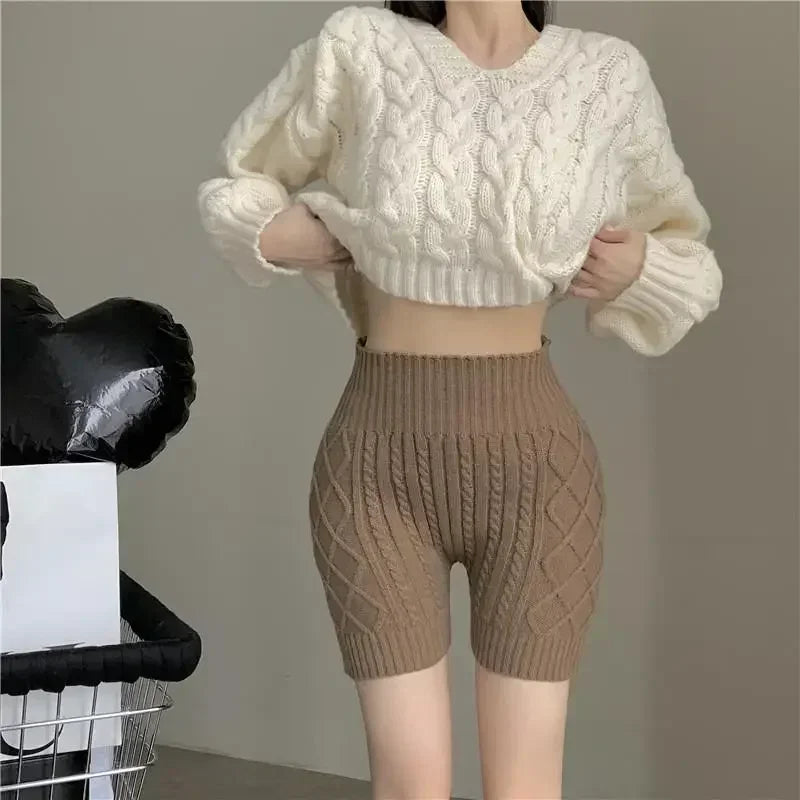 Fashion Women Winter Bottoming Shorts Knitted High Waist Elastic Warm Anti-exposure Basic Shorts ThickElastic Postpartum - Colouronova