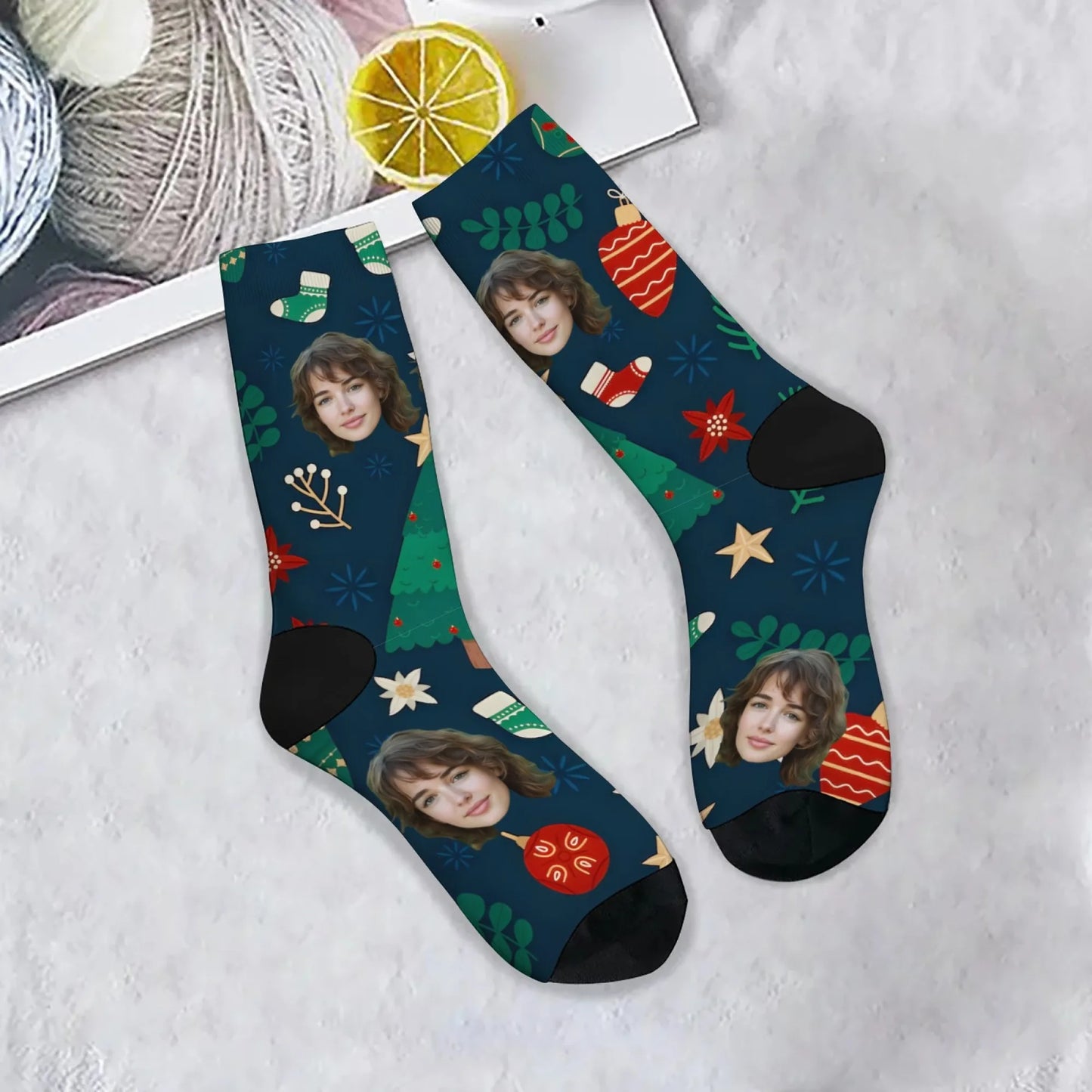 Personalized Christmas Gift Socks Custom Face & Christmas Elements Tree Socks Ornaments on Dark Blue Unique Present for Family - Colouronova