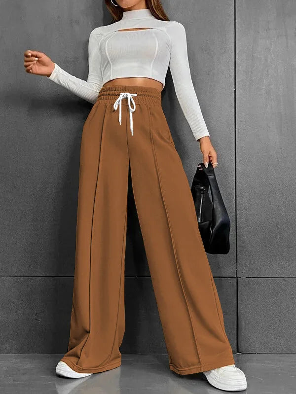 High Waist Wide Leg Pants Women Full Length Trousers Solid Capris Drawstring Pockets Loose Fit Sports Casual Slight Strech - Colouronova
