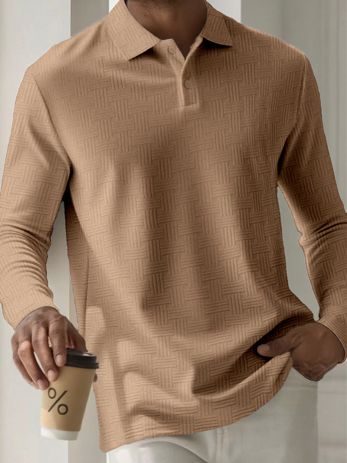 Mens Textured Long Sleeve Polo Shirts Colouronova