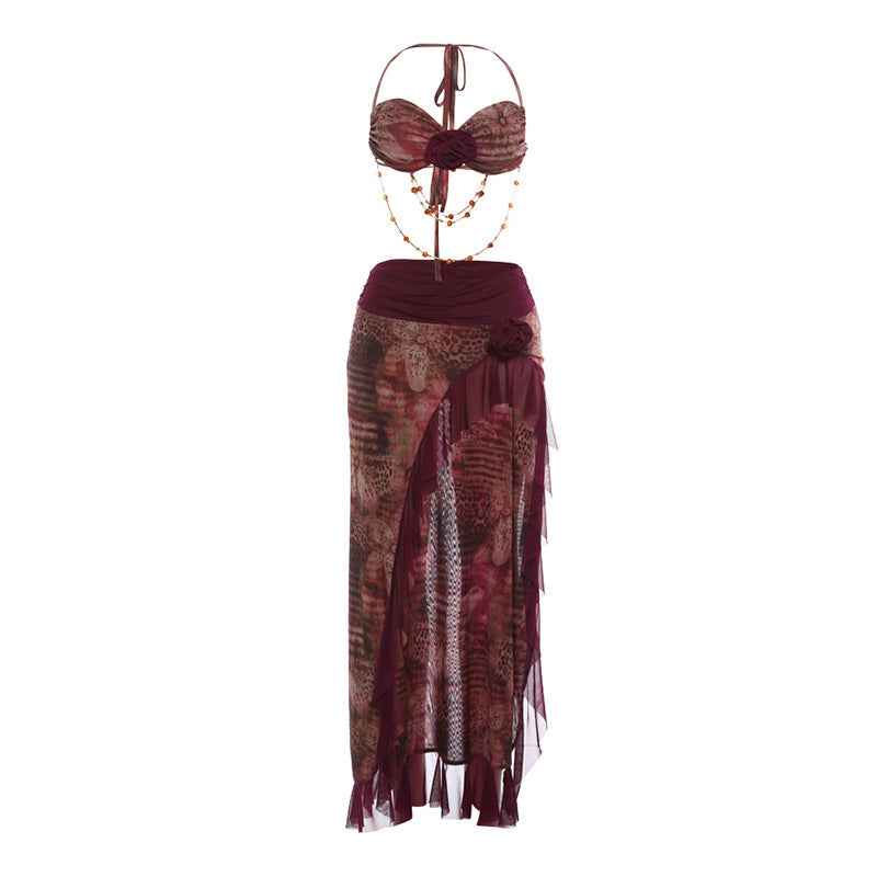Floral Bead Chain Halter Neck Dress Set
