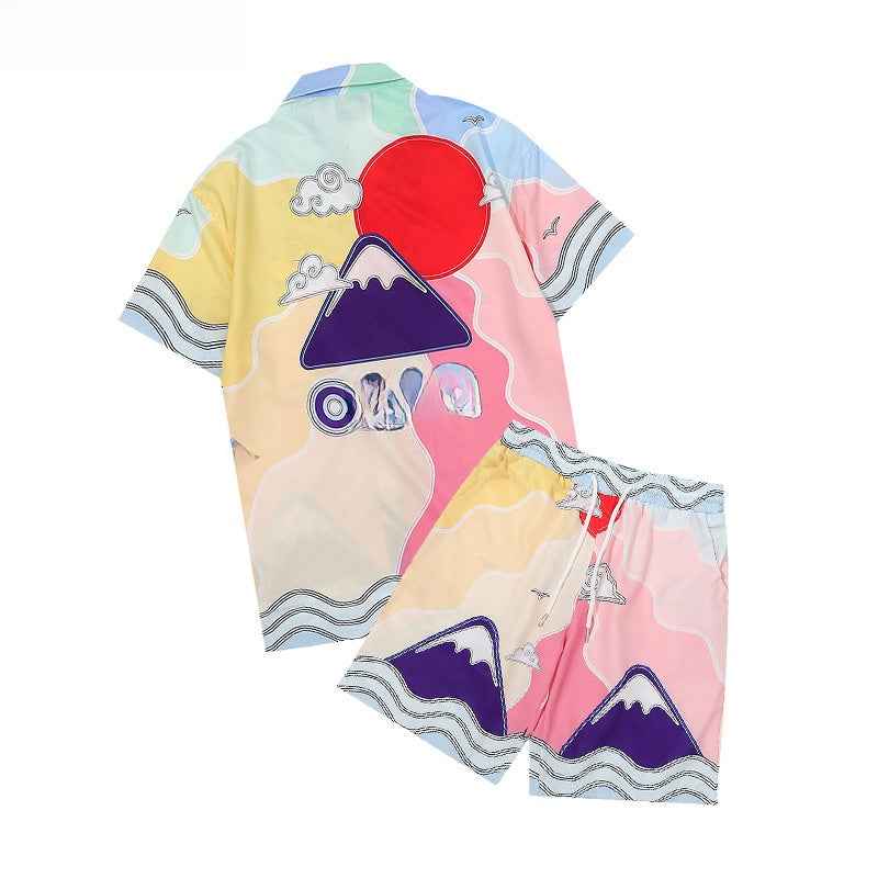 Men's Summer Striped Print Casual Shirt and Shorts Set