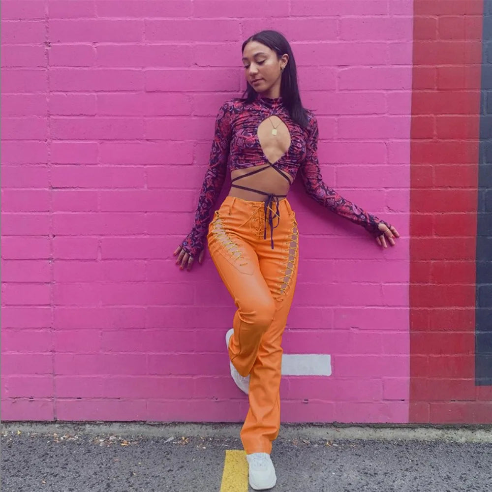 Pants Women Solid Pu Slim Fit Regular Hollow Out Long Pencil Pant Bandage Straight Trousers Office Ladies Capris Splice 2024 - Colouronova