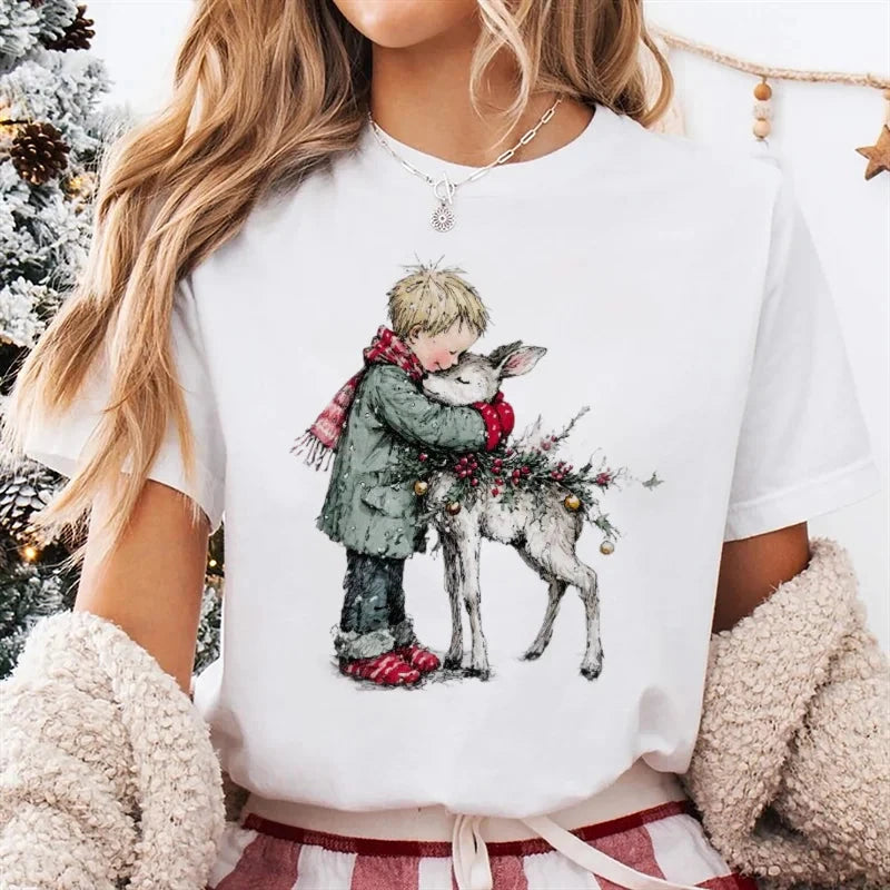 Trendy Women's Cute Christmas Happy Fashion New Year T-Shirt Girls' Christmas Socks Pattern Printed Short Sleeve Basic T-Shirt Colouronova