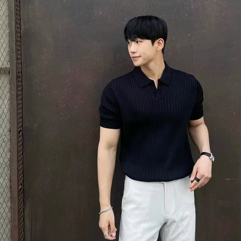 Fashion Casual Lapel Pure Color Polo Shirt Casual Knitted Short-Sleeved Men's Summer New Breathable Trendy Men's T-Shirt Colouronova