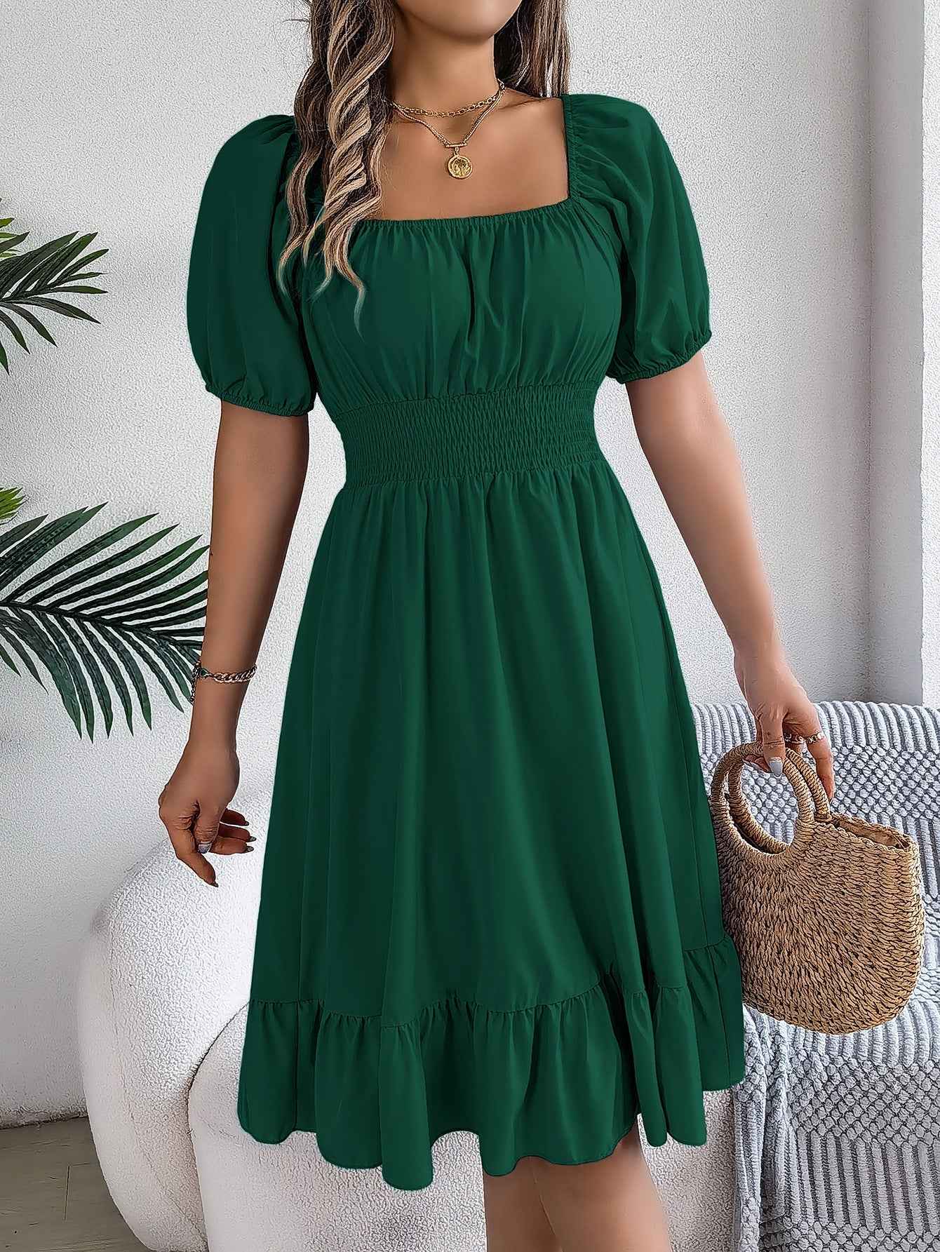 Square Neck Ruffle Hem A-Line Dress
