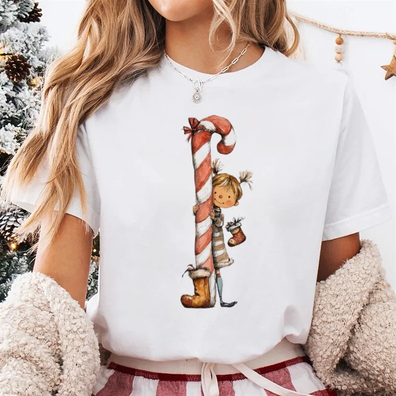 T-Shirt Women's Christmas Socks Christmas Gift Cartoon Street Round Neck Top Women's Casual Harajuku Fashion New Year T-Shirt - Colouronova