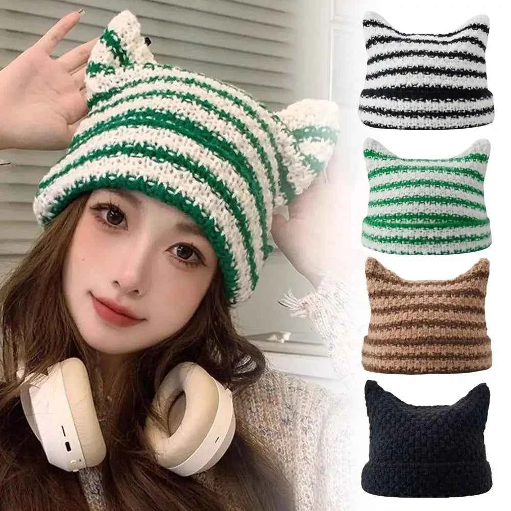 Japanese Streetwear Harajuku Little Devil Striped Knitted Cute Girls Cat Autumn Beanie Women and Hat Ears Cap Winter C1Q2