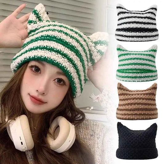 Japanese Streetwear Harajuku Little Devil Striped Knitted Cute Girls Cat Autumn Beanie Women and Hat Ears Cap Winter C1Q2