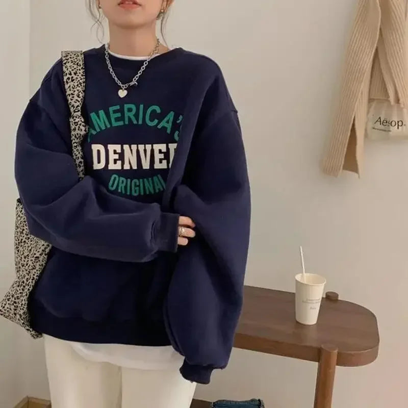 Women's Sweatshirt, Printed Letter Pullover, Casual Tops, Autumn and Winter O-Neck Hoodies, Design Sense, High Street Pupil Coat - Colouronova