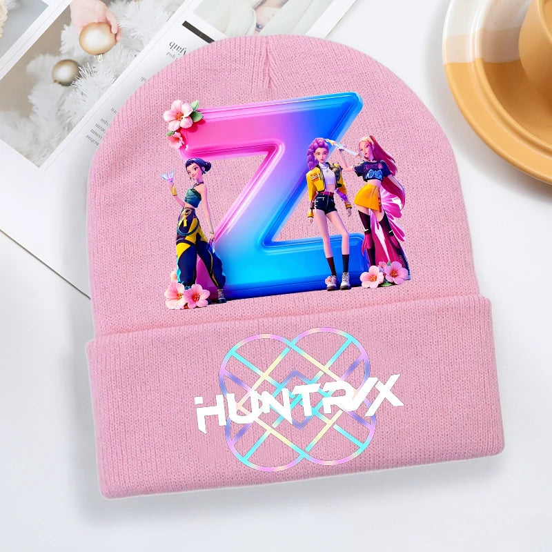 Kpop Demon Hunter Knitted Hat Girls Cute Letter A-Z Knit Cap Kids Winter Outdoors Warm Beanies Children Fashion Headgear Gift - Colouronova