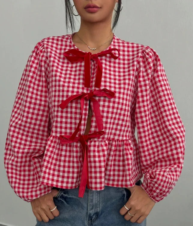 Shirt Women Casual Blouses Coat Plaid Printing Lace Up Bow Round Collar Puff Sleeve Sweet Overshirt Female Spring Summer 2025 - Colouronova