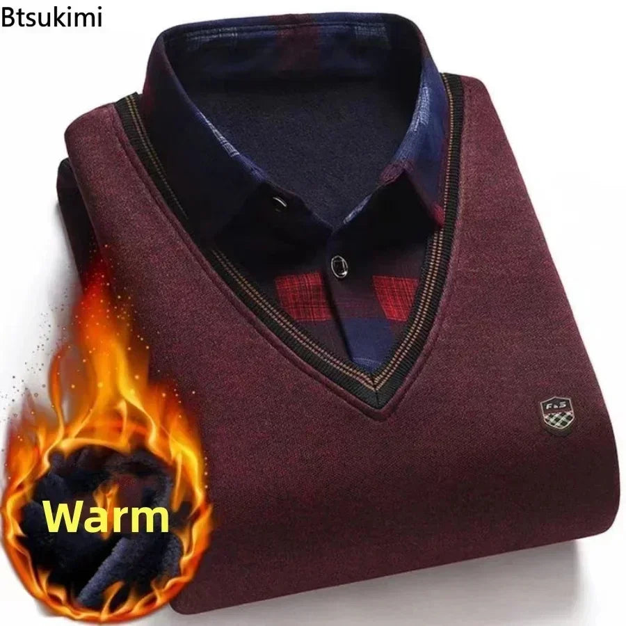 New2025 Autumn Winter Warm Sweater Men Fake Two-piece Grid Thicken Knitted Male Basic Sweater Pullover Shirt Jumper Sweater Male - Colouronova
