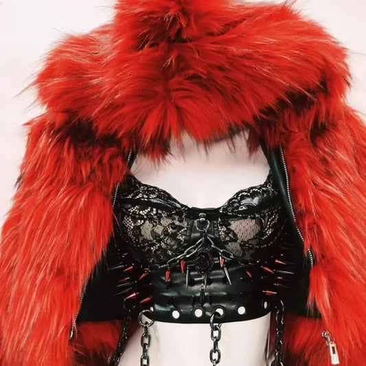 Spring Autumn New Black Lace Hollow Out Sexy Rivet Women's Vest Original Design Red Furry Splicing Short Skirt Coat Set Ladies - Colouronova