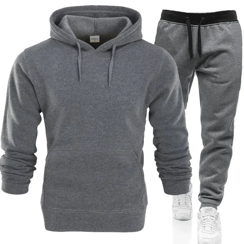 Men Tracksuits Autumn Winter Fleece Warm Suit 2 Pieces Sets Hooded Sweatshirt Pants Long Sweatpants Streetwear Men Outfit Set - Colouronova