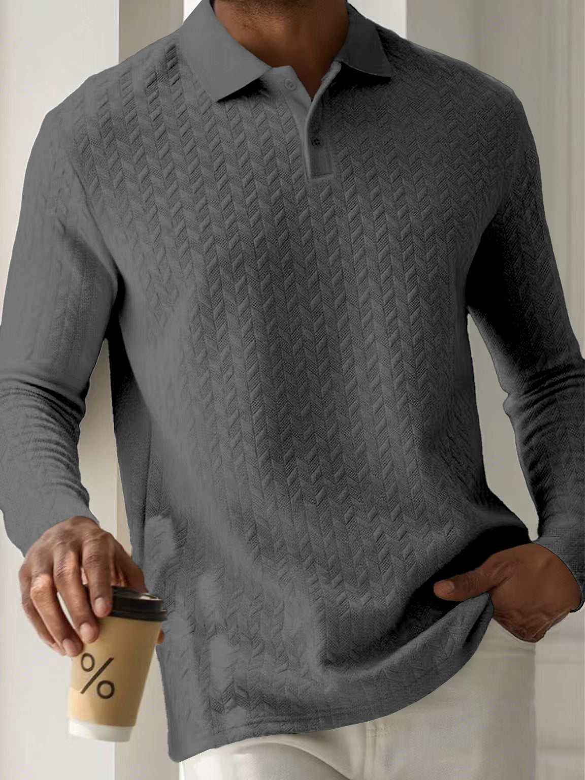Mens Textured Long Sleeve Polo Shirts Colouronova