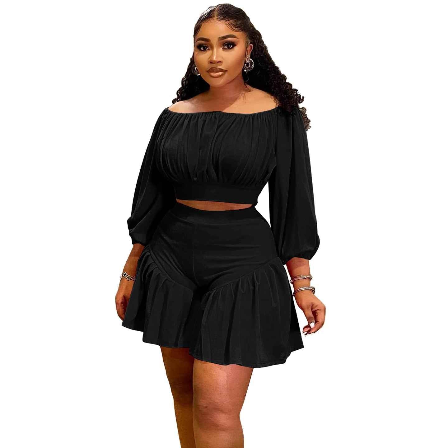 Plus-Size Off-Shoulder Pleated Women's Set