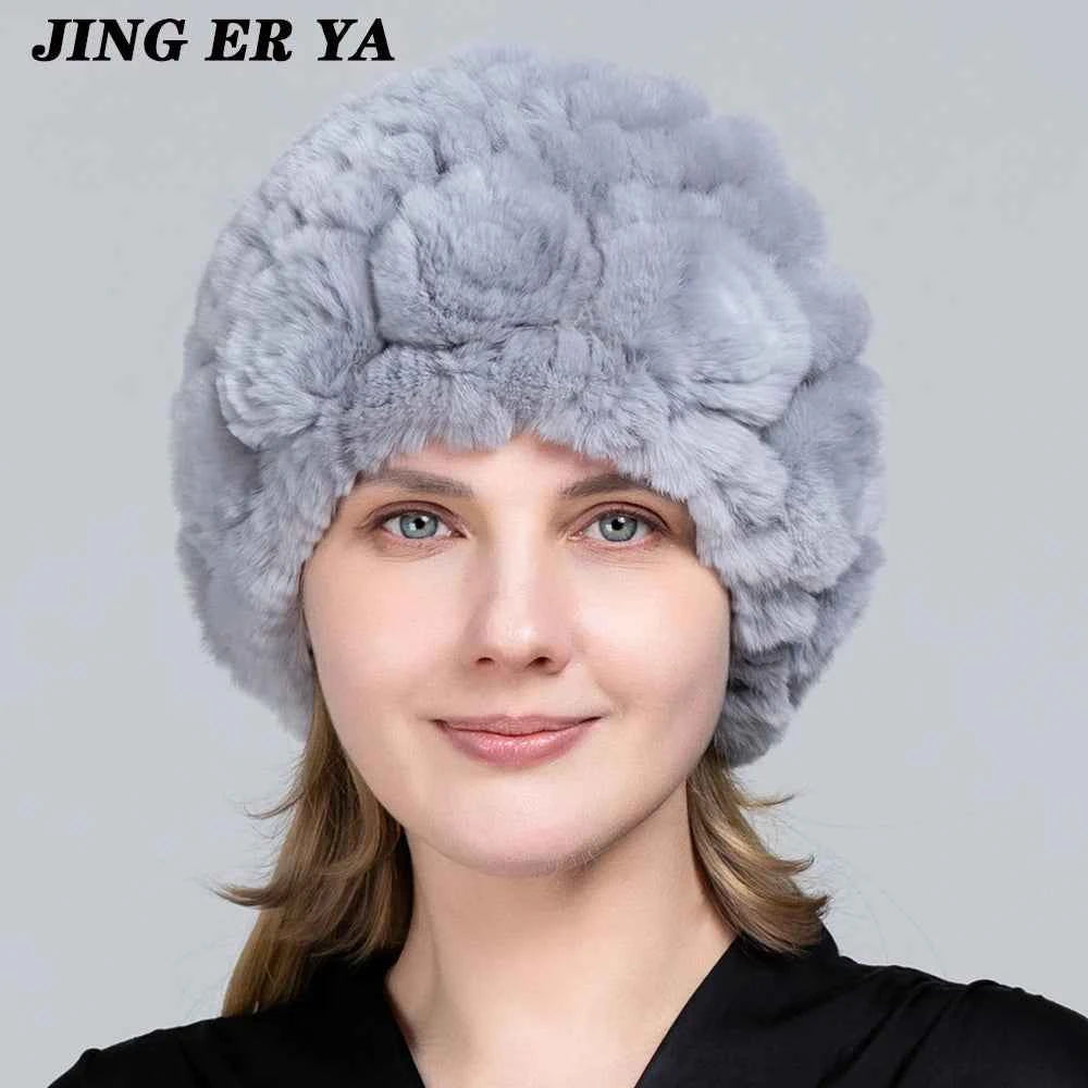 JINGERYA Winter Hat Women Warm Floral Rex Rabbit Fur Knitted Beanie Striped Classic Natural Real Fur Hats