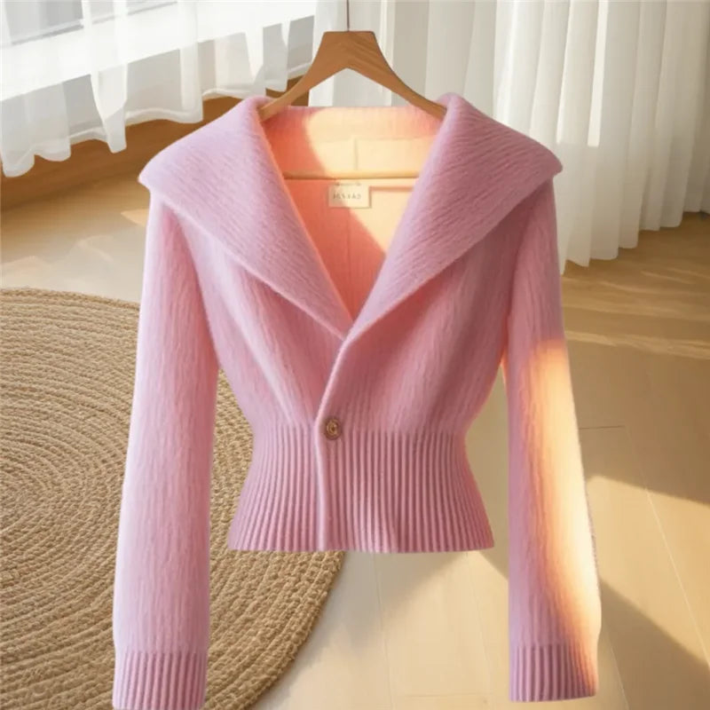 Autumn Winter Women's Sweater Knitwear 2025 New Fashion Loose Casual Tops Cardigan Pure Colour The Waist V-Neck Outerwear Female - Colouronova