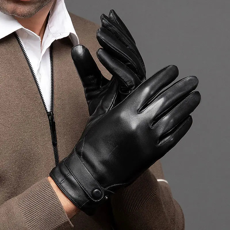 100% Genuine Leather Gloves Men Thick Warm Driving Cycling Touch Screen guantes invierno Top Layer Sheepskin Full Finger Gloves - Colouronova