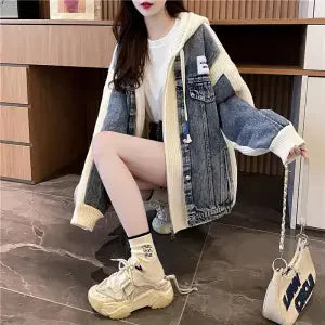 2025 New Autumn Winter Fashion Hooded Denim Patchwork Sweater Knitted Cardigan Coat Women Loose Fake Two Pieces Outerwear W646 - Colouronova