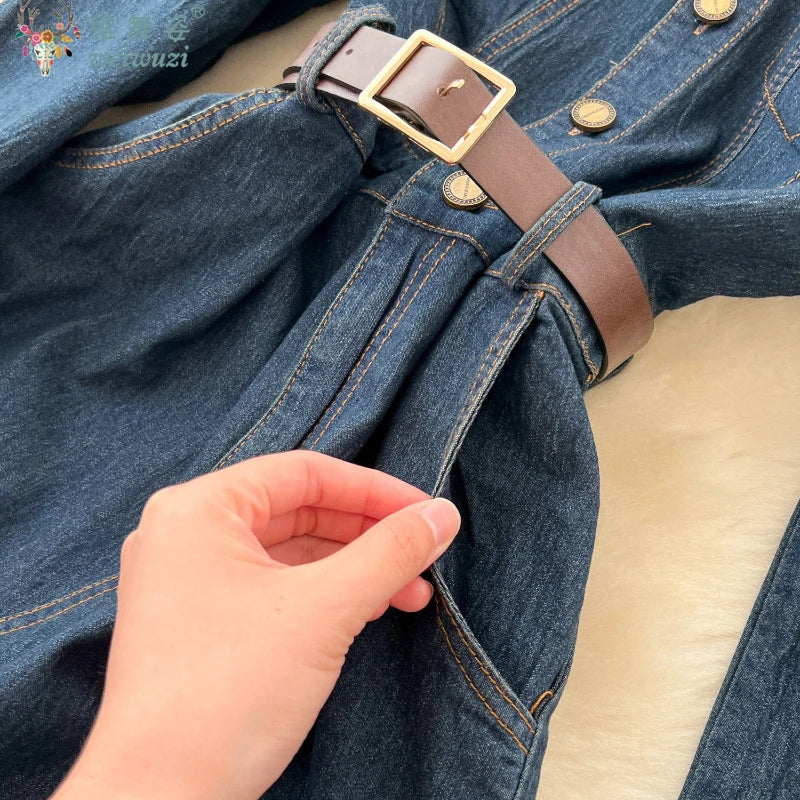 Autumn New Retro Style Quality Women's Split Denim Dress with Belt Fashion Long Jean Skirt Lady Elegant Vacation Cowboy Outfit - Colouronova