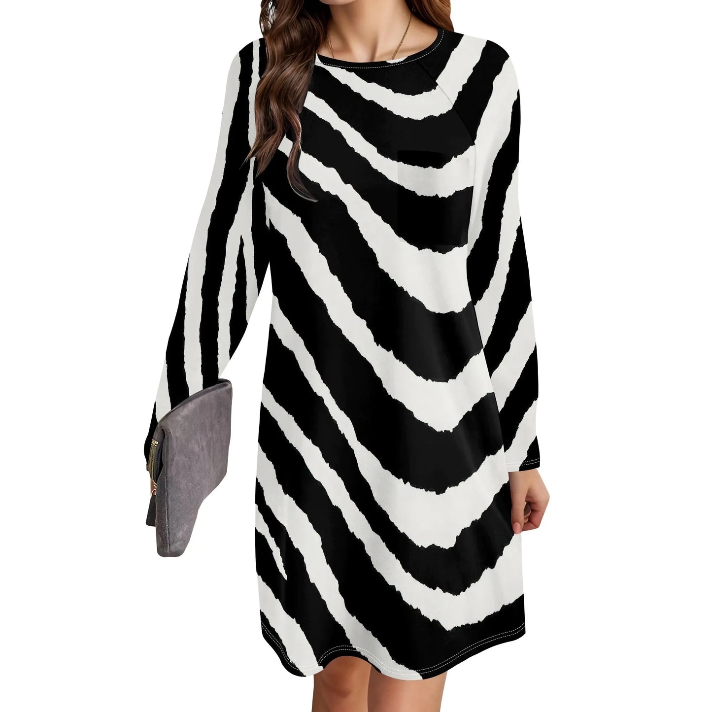 Women's Animal Print Dress Long Sleeve Crew Neck Winter Pullover Casual Loose Comfort Midi Dresses Colouronova