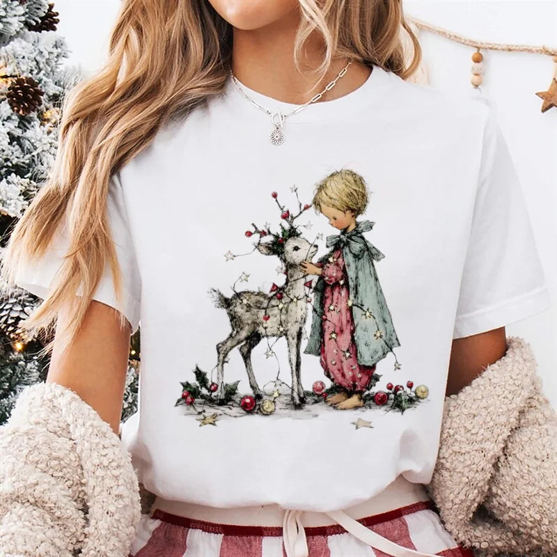 T-Shirt Women's Christmas Socks Christmas Gift Cartoon Street Round Neck Top Women's Casual Harajuku Fashion New Year T-Shirt - Colouronova
