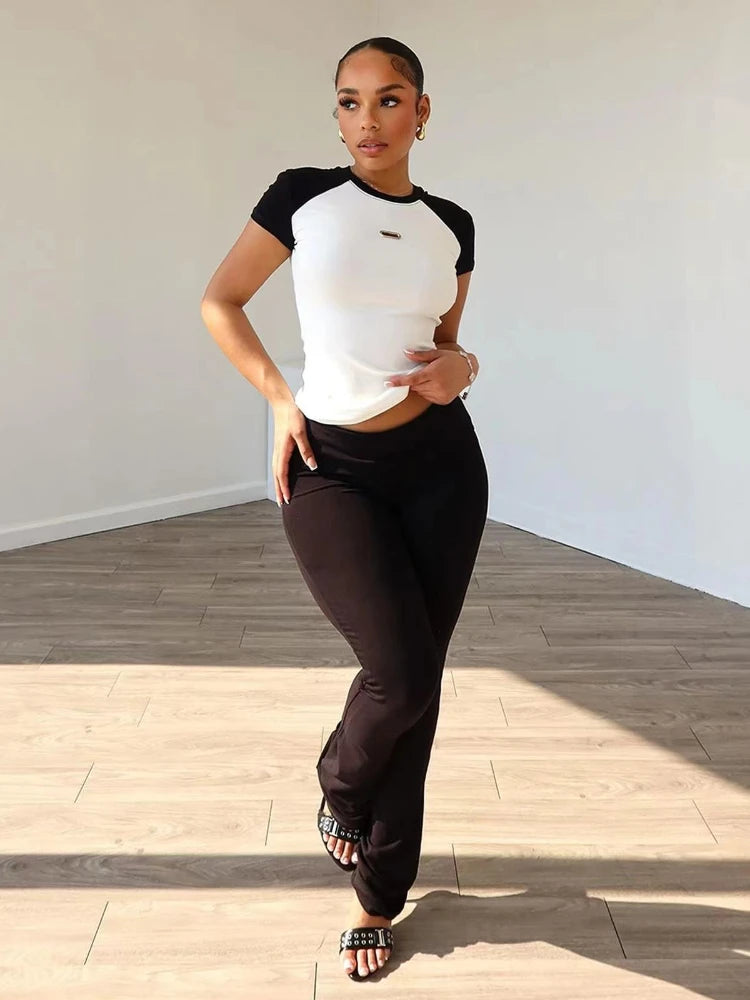 Pant Set Women Two Piece Sets Y2k Streetwear Short Sleeve Tops Long Pants Bodycon Jogger Yoga Matching Sets Sportswear Spring - Colouronova