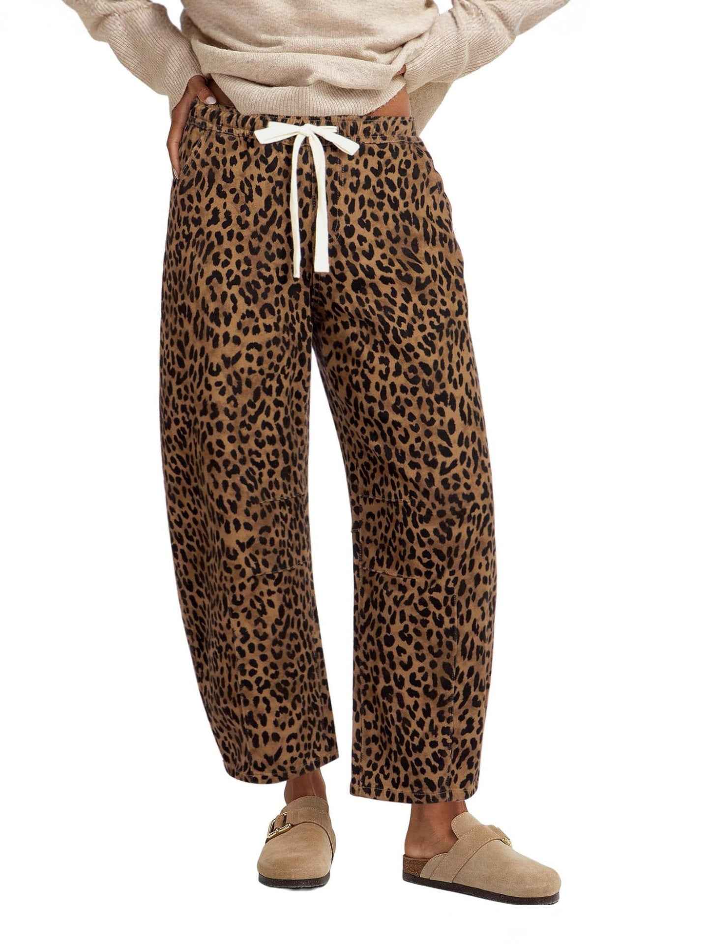 Elastic Waist Leopard Print Straight Leg Pants