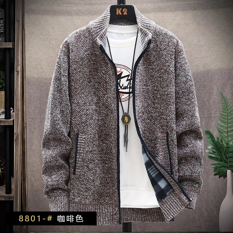 Men's Winter Autumn Fleece Sweater Zipper Cardigan Korean Warm Jacket Coat Sports Male Jumper Knit Clothing Brown Jacket Colouronova
