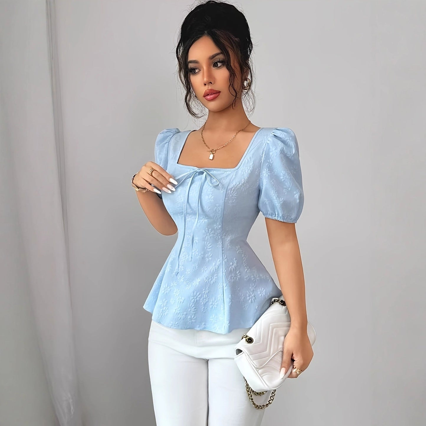 Square Neck Jacquard Blouse with Lace-Up Waist Colouronova