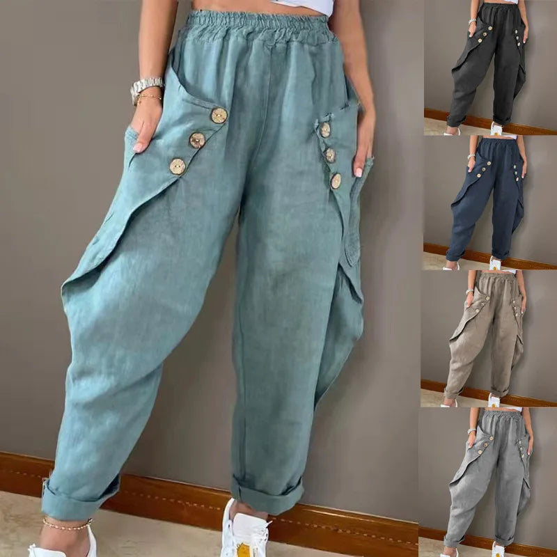 Harem Pants Women Elastic Waist Pockets Button Solid Distressed Slacks Female Streetwear 2025 Casual Ankle Length Trousers - Colouronova
