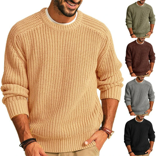 Men Round Neck Pullovers Vintage Solid Long Sleeve Jumpers Knit Sweater Loose Casual Basics Sweaters Autumn Winter 2025 - Colouronova