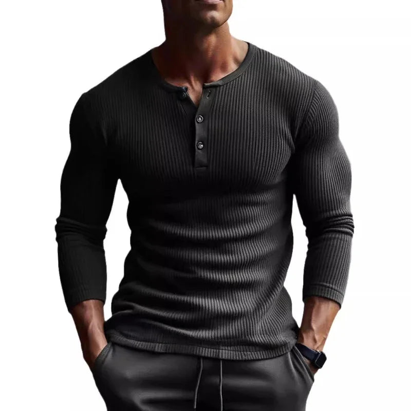 Men Tops T Shirts Full Sleeve V Neck Casual Regular Top Solid Button Splice Sheath Tees Simple Slim Fit Autumn Winter 2024 - Colouronova